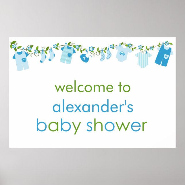 Blue Baby Clothesline Baby Shower Poster (Front)