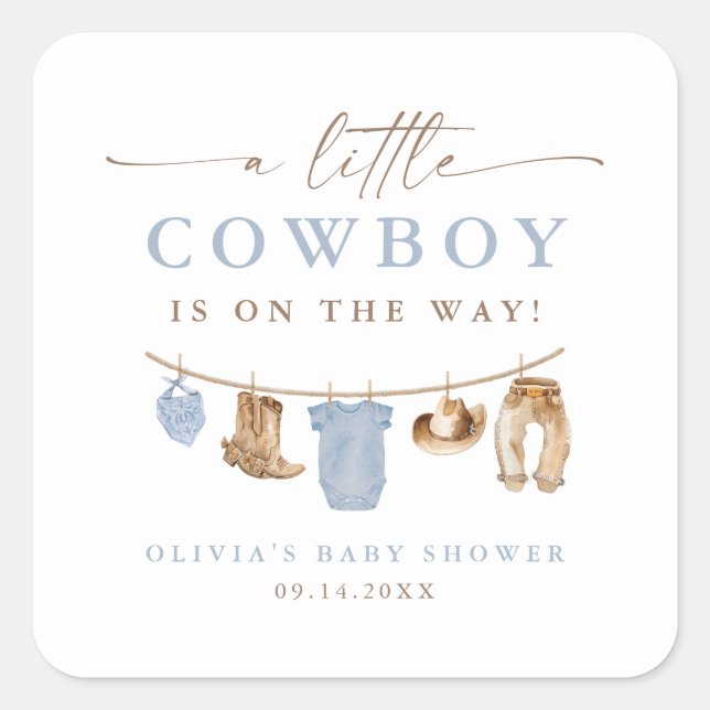 Blue Baby Clothesline Little Cowboy Baby Shower Square Sticker (Front)