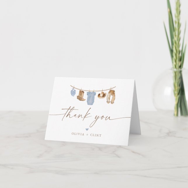 Blue Baby Clothesline Little Cowboy Baby Shower Thank You Card (Front)