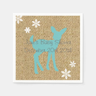 Blue Baby Deer and Snowflakes Burlap Napkins