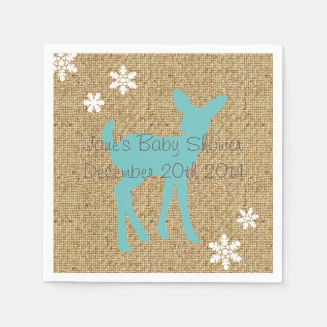 Blue Baby Deer and Snowflakes Burlap Napkins (Front)