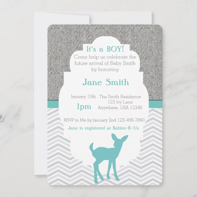 Blue Baby Deer Burlap Chevron Baby Shower Invite (Front)