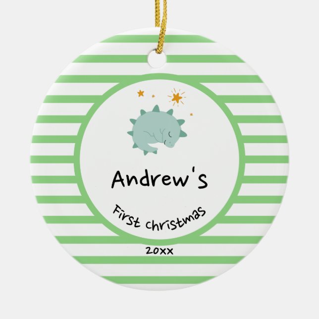 Blue Baby Dino | First Christmas Green Stripe Ceramic Tree Decoration (Front)