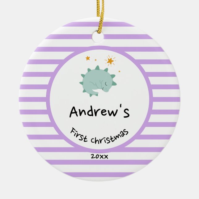 Blue Baby Dino | First Christmas Purple Stripe Ceramic Tree Decoration (Front)