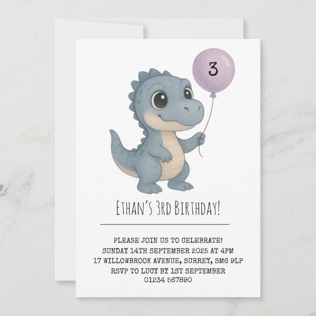 Blue Baby Dino with Purple Balloon Birthday Invitation (Front)