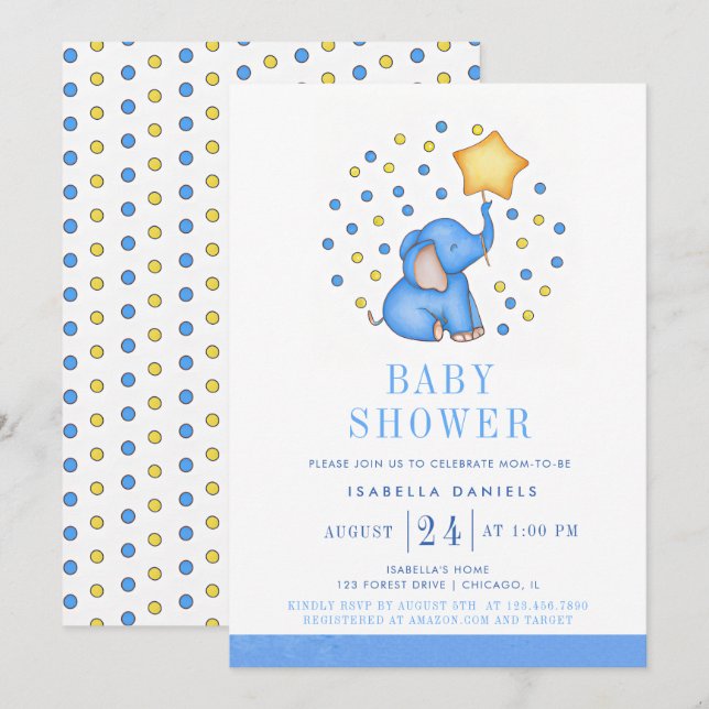 Blue Baby Elephant and Star Balloon Baby Shower Invitation (Front/Back)