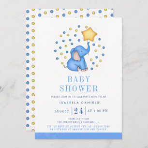 Blue Baby Elephant and Star Balloon Baby Shower Invitation