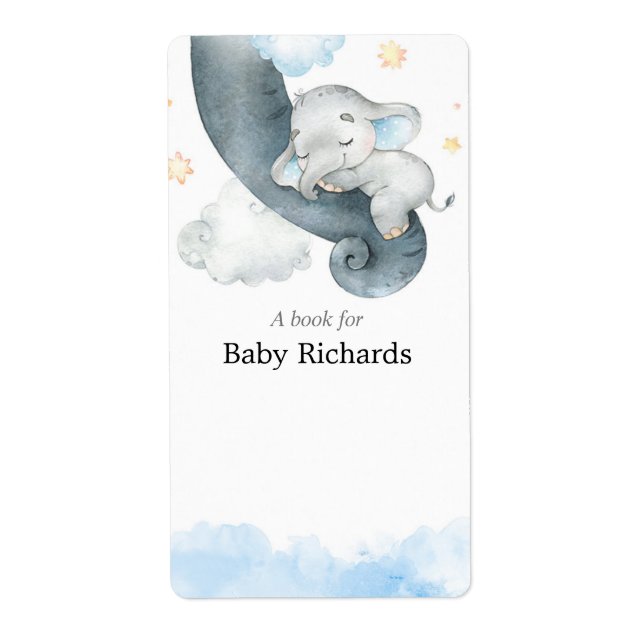 Blue baby elephant baby shower book tag stickers (Front)