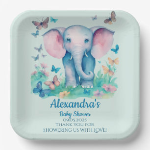 Blue Baby Elephant Baby Shower Paper Plate