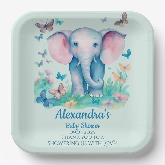 Blue Baby Elephant Baby Shower  Paper Plate (Front)