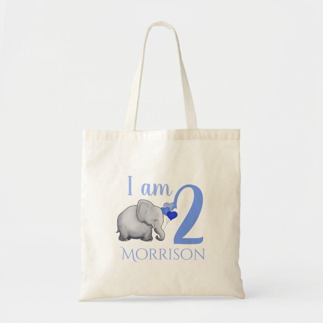 Blue Baby Elephant Custom Age & Name/2nd Birthday Tote Bag (Front)