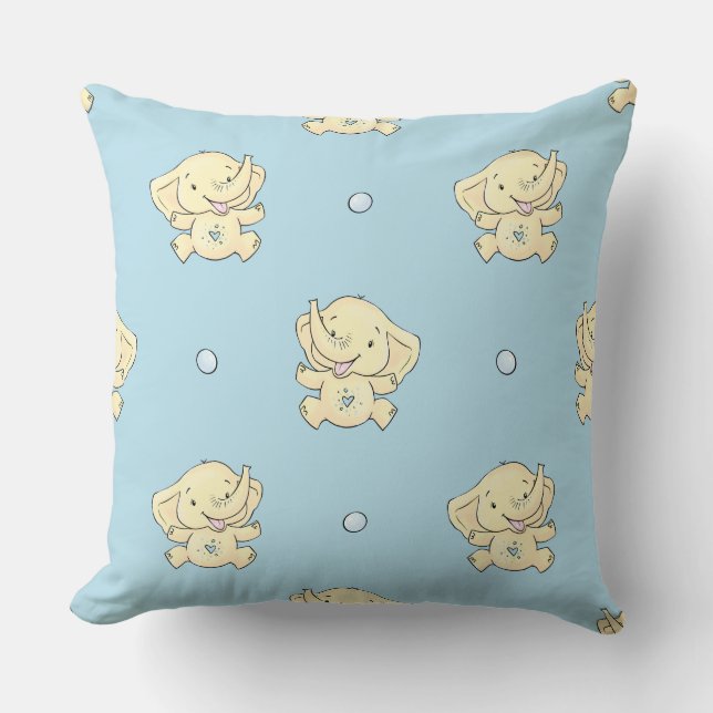 Blue Baby Elephant Nursery Throw Pillow (Front)