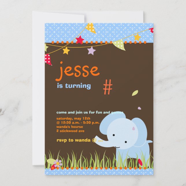 Blue Baby Elephant Personalised Party Invitation (Front)