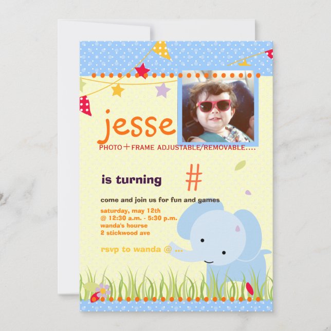 Blue Baby Elephant Personalised Party Invitation (Front)