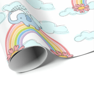 Blue Baby Elephant Rainbow Clouds Wrapping Paper