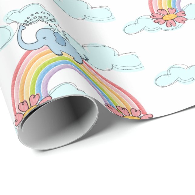 Blue Baby Elephant Rainbow Clouds Wrapping Paper  (Roll Corner)