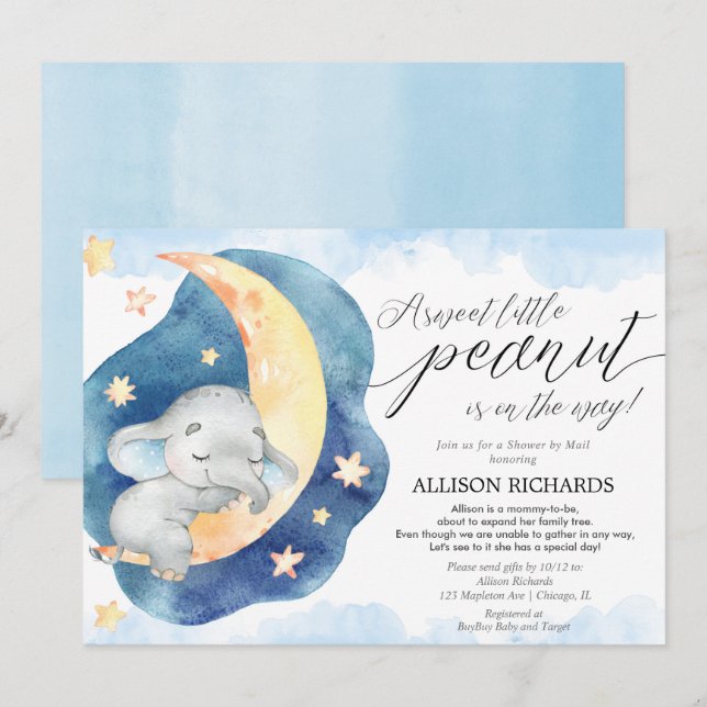 Blue baby elephant shower by mail baby shower invitation (Front/Back)