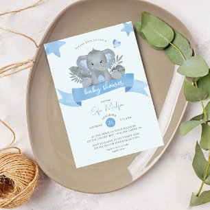 Blue Baby Elephant Watercolor Baby Shower Invitation