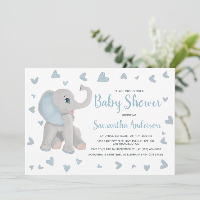 Blue Baby Elephant Watercolor Baby Shower Photo Invitation (Standing Front)
