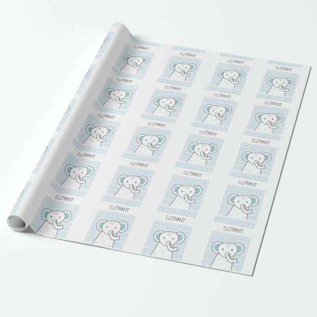 Blue Baby Elephant Wrapping Paper (Unrolled)