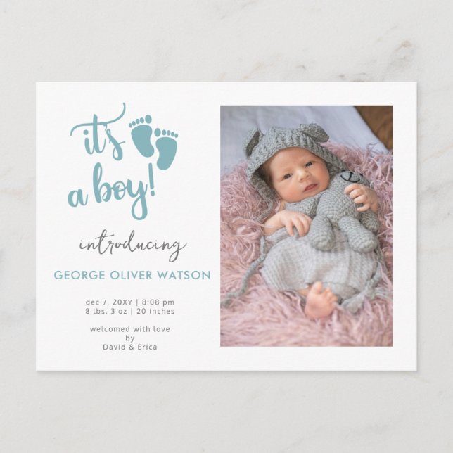 Blue Baby Feet its a Boy Photo Birth Announcement Postcard (Front)