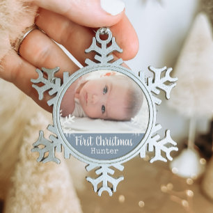 Blue Baby First Christmas Snowflake Photo Snowflake Pewter Christmas Ornament