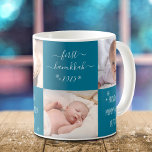 Blue Baby First Hanukkah New Mum Dad 4 Photo Name Coffee Mug<br><div class="desc">“First Hanukkah.” A playful grid of 4 personalised photos of your choice and white handwritten script typography and snowflakes overlaying a teal blue background, helps the proud parents usher in Hanukkah and New Year. Feel the warmth and joy of the holiday season whenever they use this stylish and modern personalised...</div>