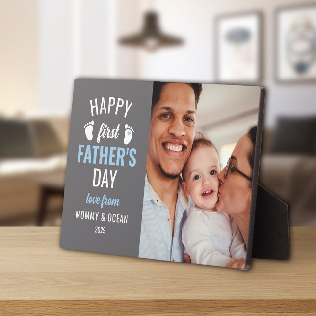 Blue Baby Footprint Happy 1st Father's Day Photo Plaque (Creator Uploaded)
