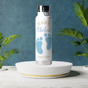 Blue Baby Footprints Name Water Bottle
