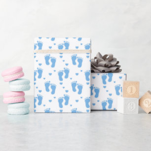 Blue Baby Footprints on White Wrapping Paper