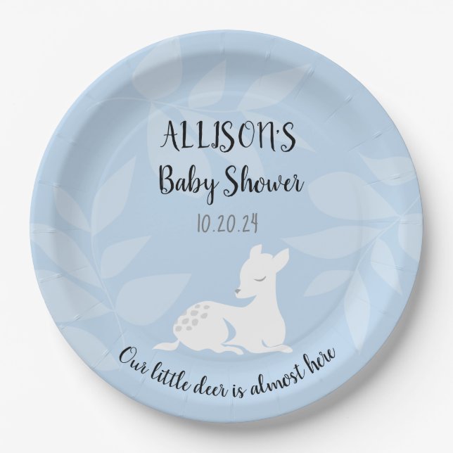 BLUE Baby Garden Deer Dear Baby Shower Invite Paper Plate (Front)