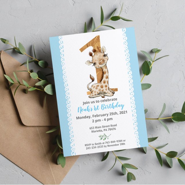 Blue  Baby Giraffe 1st Birthday Invitation (Creator Uploaded)