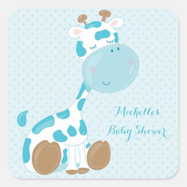 Blue Baby Giraffe and Polka Dots Square Sticker (Front)
