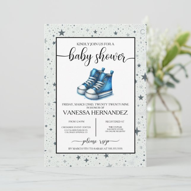 Blue Baby High Tops Baby Shower Invitation (Standing Front)