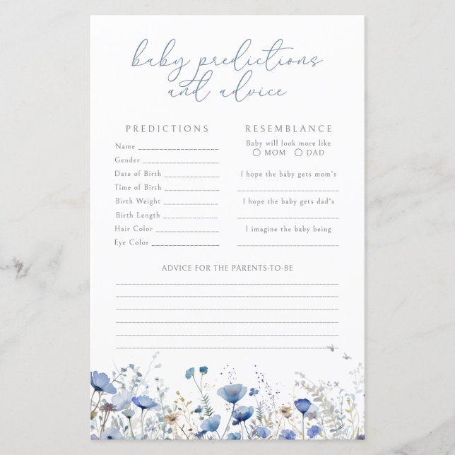 Blue Baby In Bloom Baby Predictions/Advice Game (Front)