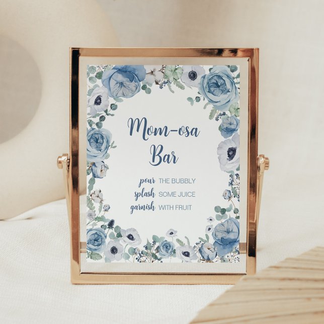 Blue Baby in Bloom Baby Shower Mum Osa Bar Poster (Dusty Blue Wildflower Baby Shower Mom Osa Bar Sign)
