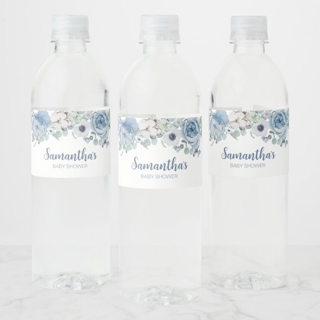 Blue Baby in Bloom Baby Shower  Water Bottle Label (Bottles)