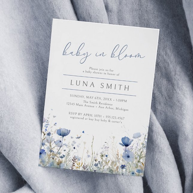 Blue Baby In Bloom Floral Wildflower Baby Shower Invitation (Creator Uploaded)