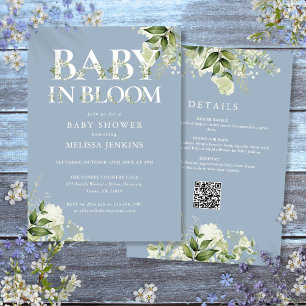 Blue Baby In Bloom Greenery All In One Baby Shower Invitation