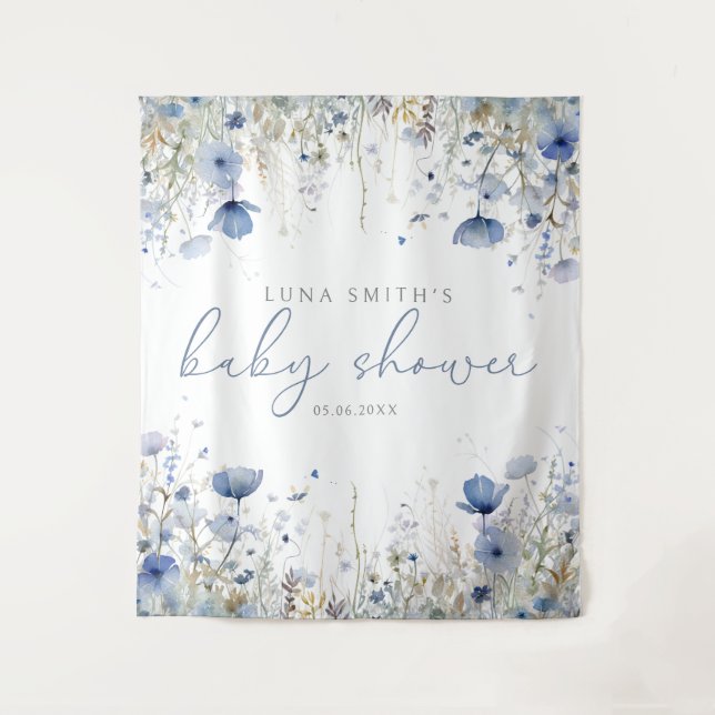 Blue Baby In Bloom Wildflower Baby Shower Backdrop Tapestry (Front)