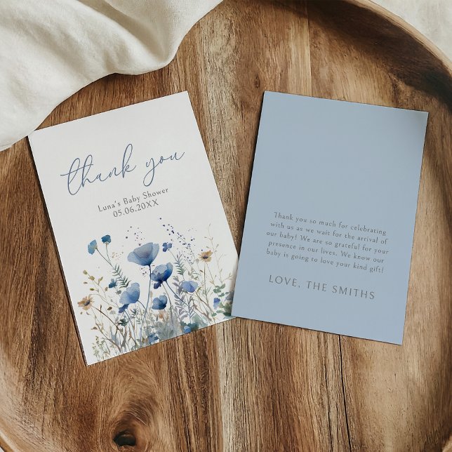 Blue Baby In Bloom Wildflower Baby Shower Flat Thank You Card (Creator Uploaded)