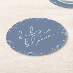 Blue Baby In Bloom Wildflower Baby Shower Round Paper Coaster