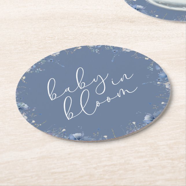 Blue Baby In Bloom Wildflower Baby Shower Round Paper Coaster (Angled)