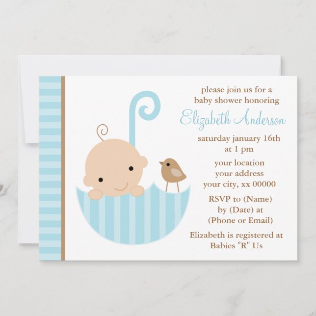 Blue Baby in Umbrella Baby Shower Invitation (Front)