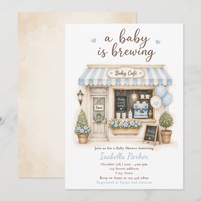 Blue Baby Is Brewing Cafe Shower Invitation (Front/Back)