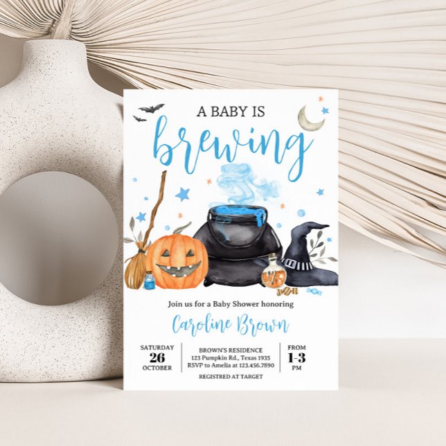 Blue Baby is Brewing Cute Halloween Baby Shower Invitation (Baby is Brewing Baby Shower Invitation
)