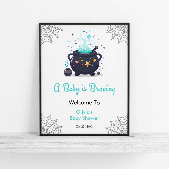 Blue Baby is Brewing Halloween Baby Shower Welcome Poster (Blue A Baby is Brewing Cauldron Halloween Boy Baby Shower Welcome Sign  )