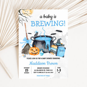 Blue Baby is Brewing Pumpkin Halloween Baby Shower Invitation