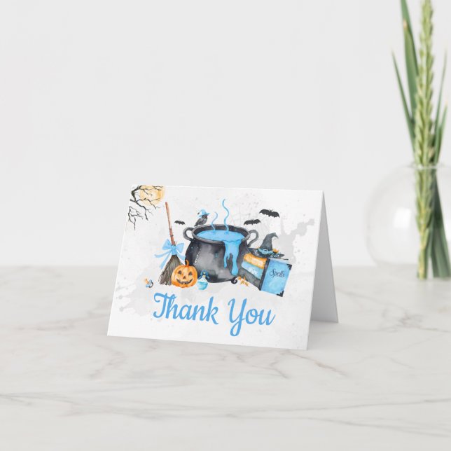 Blue Baby is Brewing Pumpkin Halloween Baby Shower Thank You Card (Front)