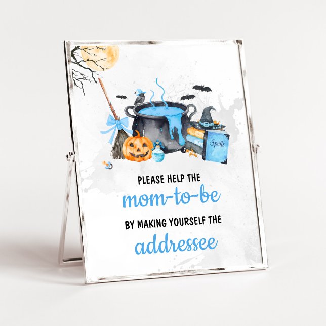 Blue Baby is Brewing Witch Envelope Station Sign (Boy Halloween Witch Baby Shower Envelope Station Sign)